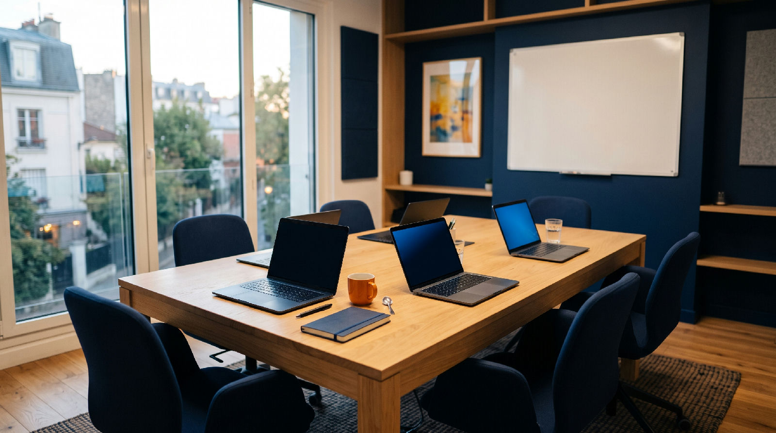Salle de réunion d'une PME en fin de journée, quatre ordinateurs portables ouverts sur une table en bois clair et des chaises vides