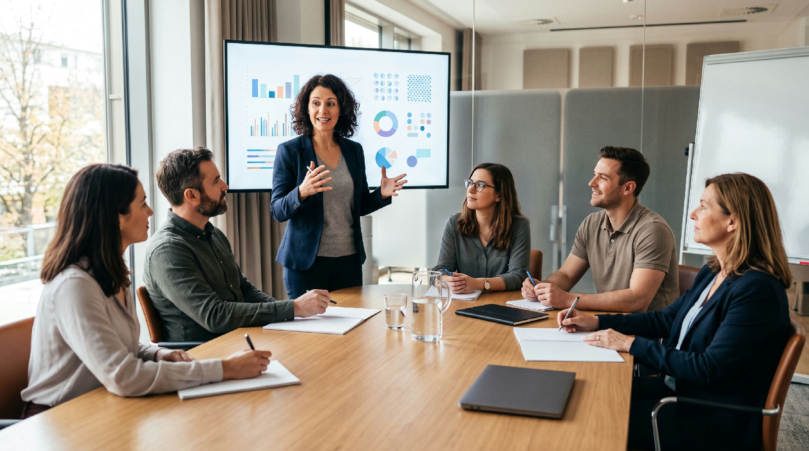 Cinq personnes en formation professionnelle autour d'une table avec des ordinateurs portables, une formatrice explique devant un écran
